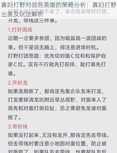 寡妇打野对战各英雄的策略分析：寡妇打野出装及玩法解析